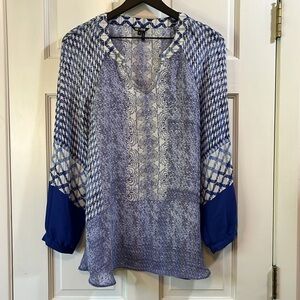 NIC+ZOE Geometric Artsy Printed Balloon Sleeve Sheer Blouse - Size Medium